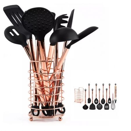 11pcs Rose Gold Stainless Steel Handle Kitchen Utensil Set Kitchen Set Silicone Nonstick Heat Resistant Cooking Kitchen Tools